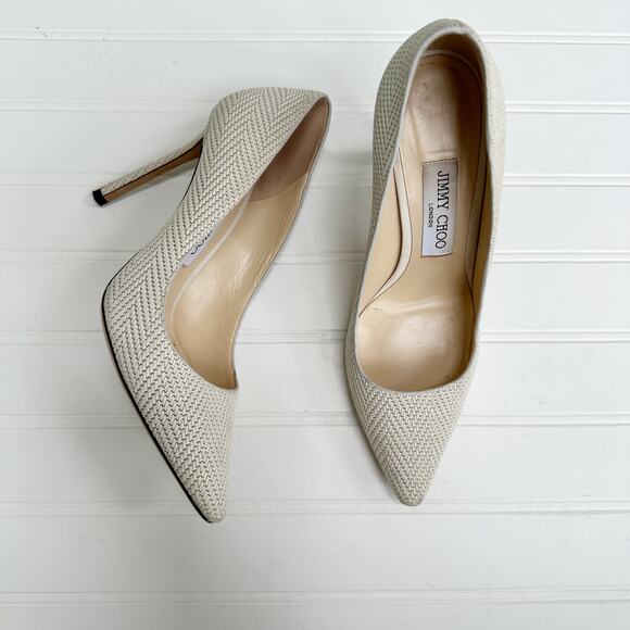 Jimmy Choo Romy 100 Embossed Leather Pumps Latte Cream Off White Heels 37 - Picture 4 of 10